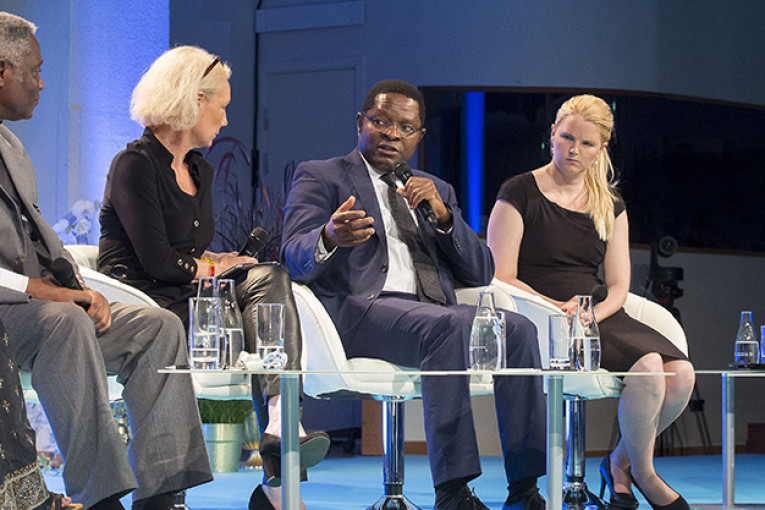 From left: Naina Lal Kidwai, Cardinal Peter Turkson, Charlotte Petri-Gornitzka, Kevin Urama, Claire Reid and Eliza Anyangwe