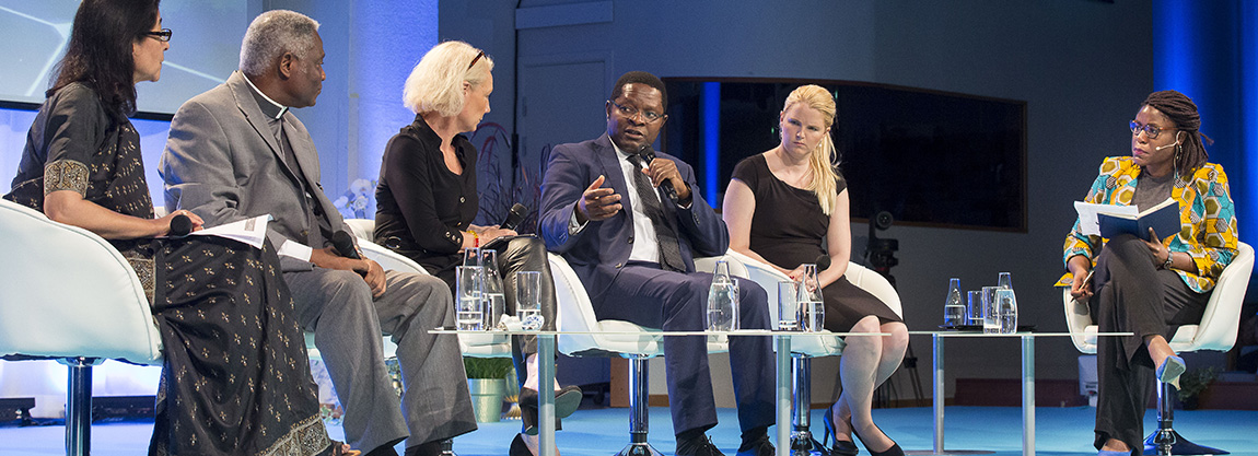 From left: Naina Lal Kidwai, Cardinal Peter Turkson, Charlotte Petri-Gornitzka, Kevin Urama, Claire Reid and Eliza Anyangwe